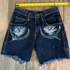Brass Arrow Indigo Utility Shorts with Bleach Rose Design- W28